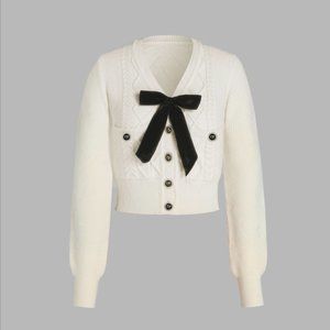 Cider V-Neck Bowknot Button Up Knit Crop Cardigan in Ivory - XL